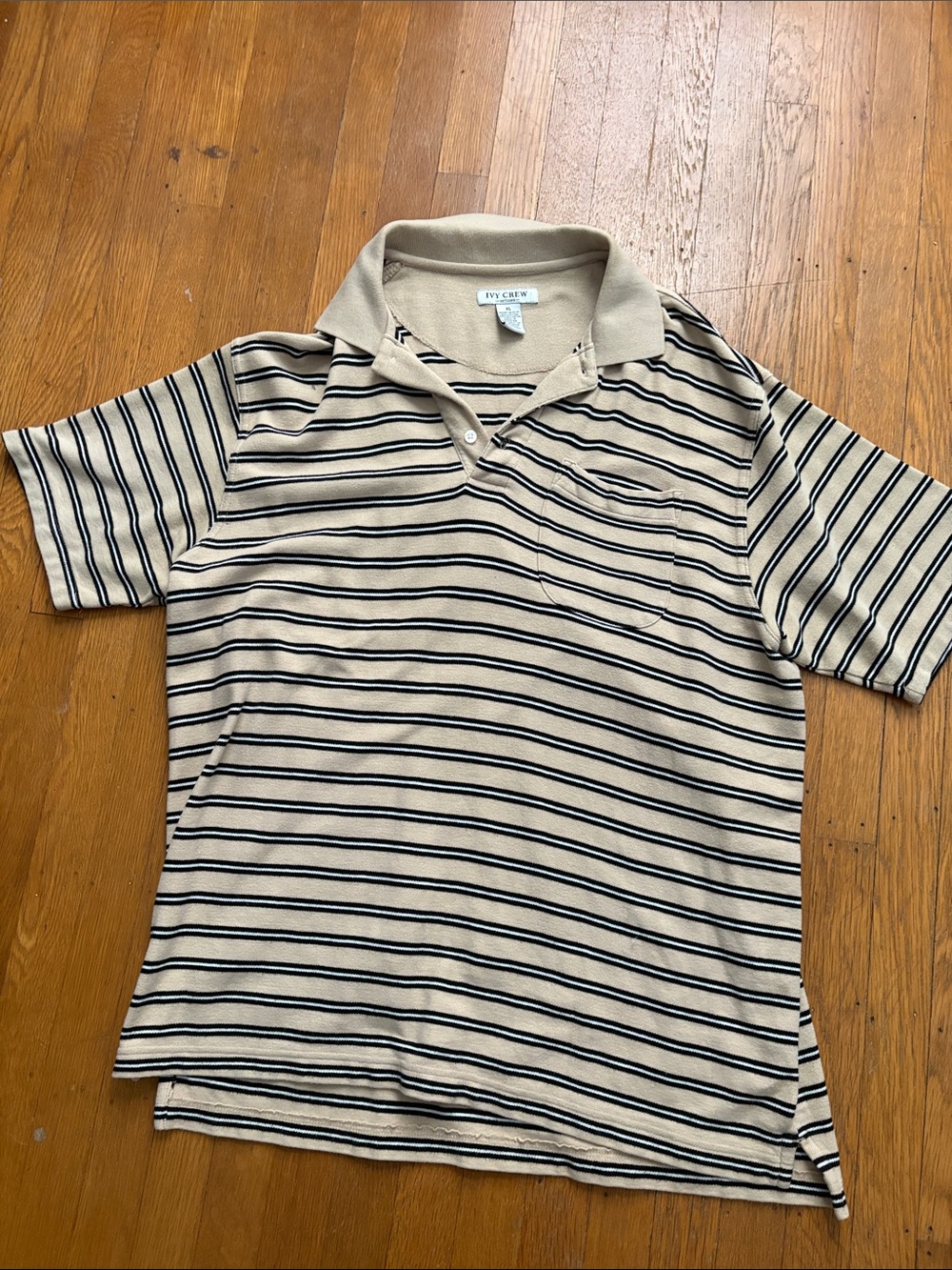 J. Crew Beige Polo with Navy Stripes and Chest Pocket